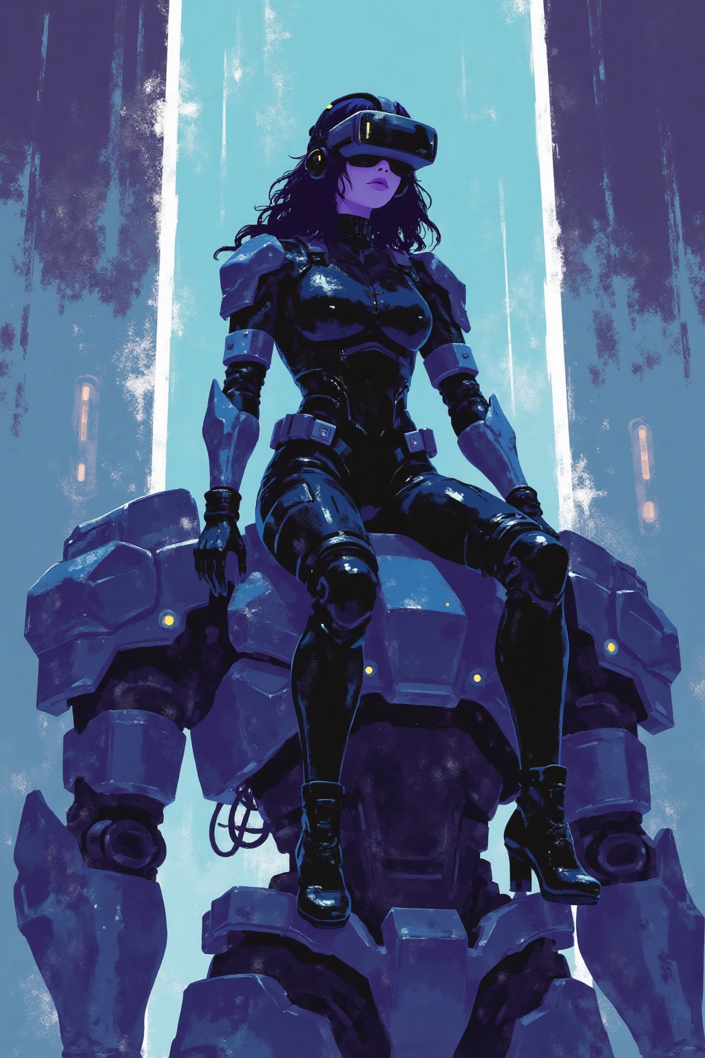 i11ustmin Illustration A striking,  futuristic scene depicts a woman dressed in sleek,  form-fitting leather attire on Ten...