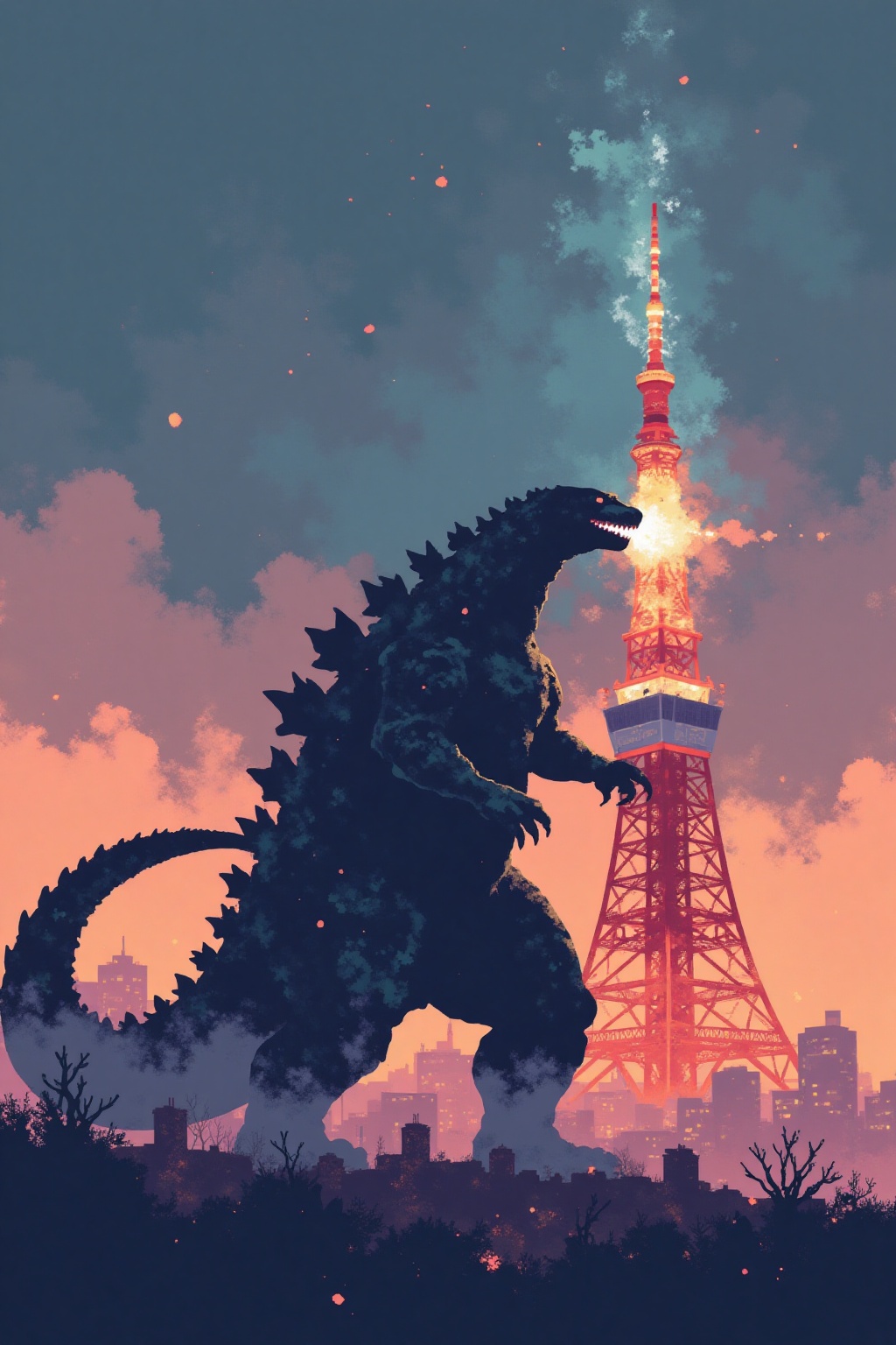 Godzilla breathing fire on Tokyo tower on Tensor.Art