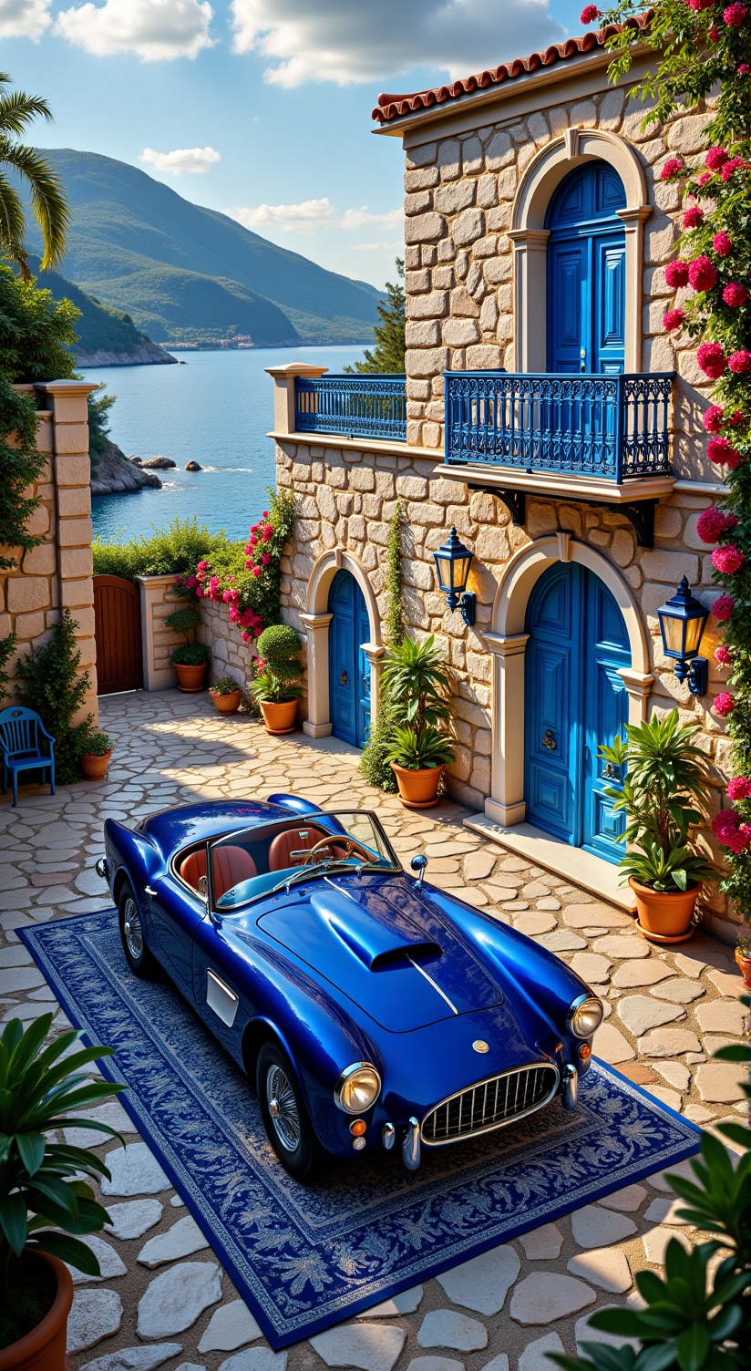 A stunning Mediterranean villa by the Aegean Sea, crafted with elegant stone walls and vibrant blue arched windows and doors, surrounded by lush bougainvillea and greenery. A luxurious vintage convertible sports car in polished sapphire blue is parked in the cobblestone driveway, set on a detailed patterned royal blue rug. The villa features intricate wrought-iron balconies and traditional terracotta roof tiles, overlooking a serene coastline with sparkling azure waters and distant mountainous terrain. Soft golden sunlight illuminates the scene, enhancing the vibrant colors and evoking the charm of a timeless seaside retreat