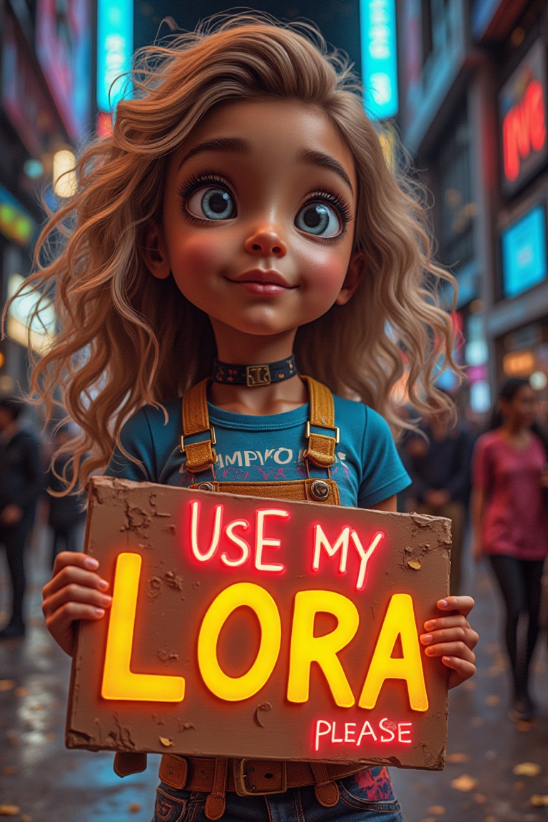 A girl  holding a sign that says "use my LORA please"
