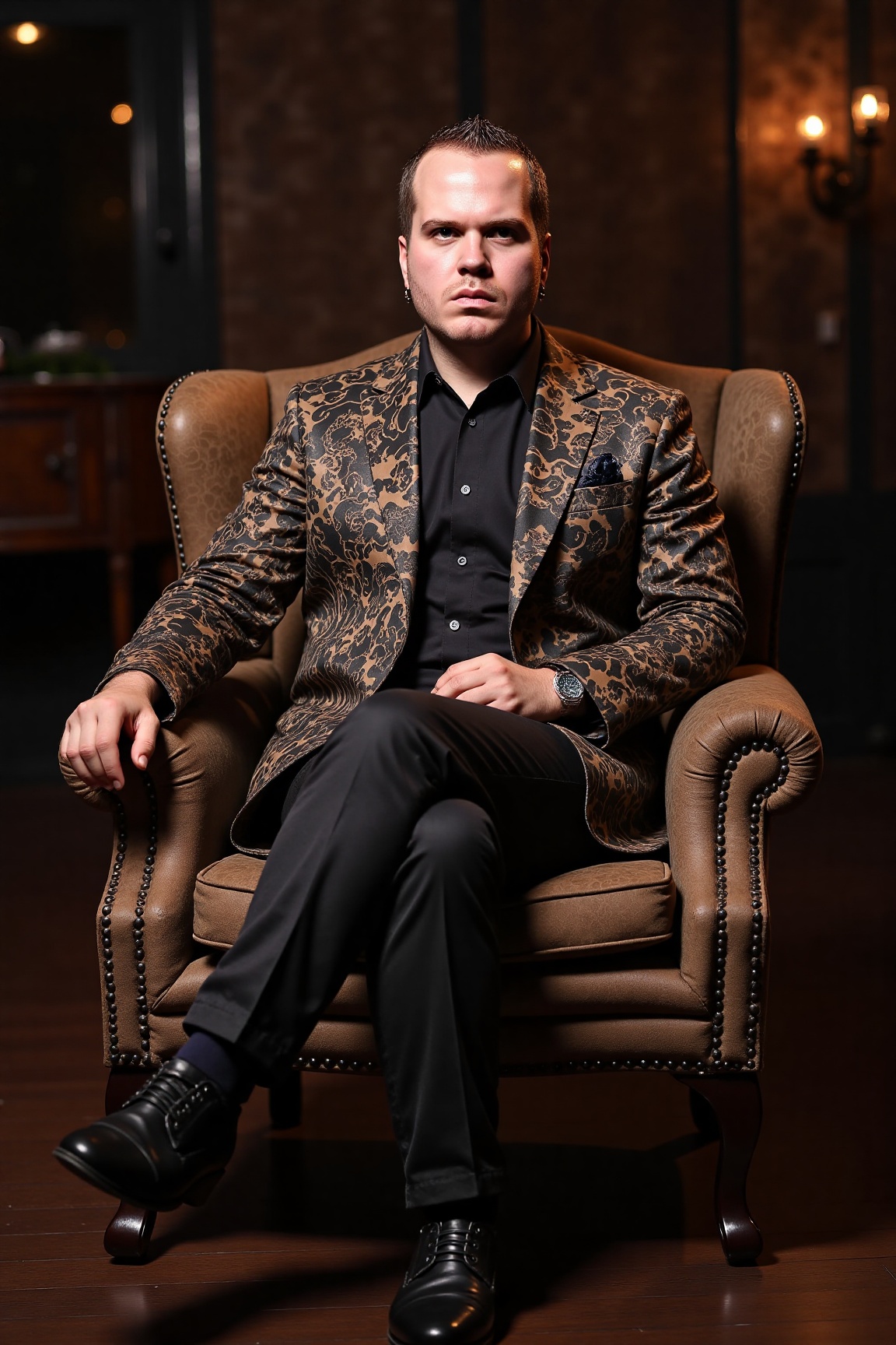 A high-resolution photograph of a man sitting in a luxury armchair,  wearing a paisley smoking jacket. on Tensor.Art