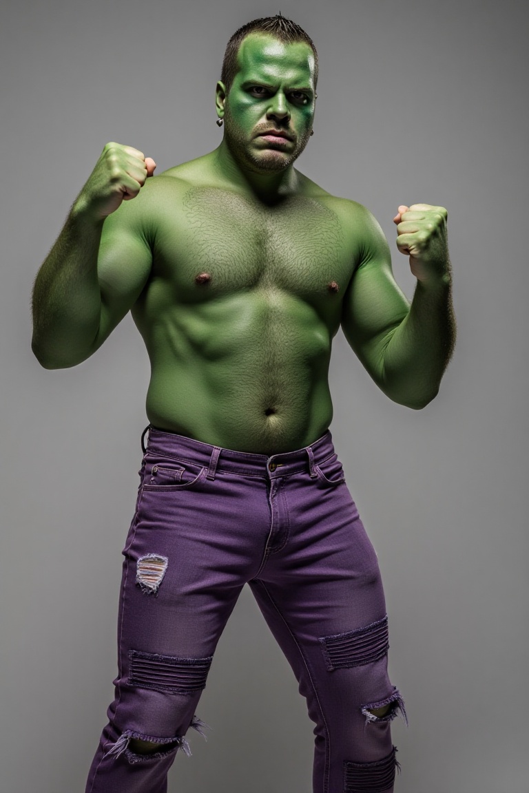 A high-resolution photograph of a man earing green body paint and ripped purple jeans,  he is standing in a muscle flex po...