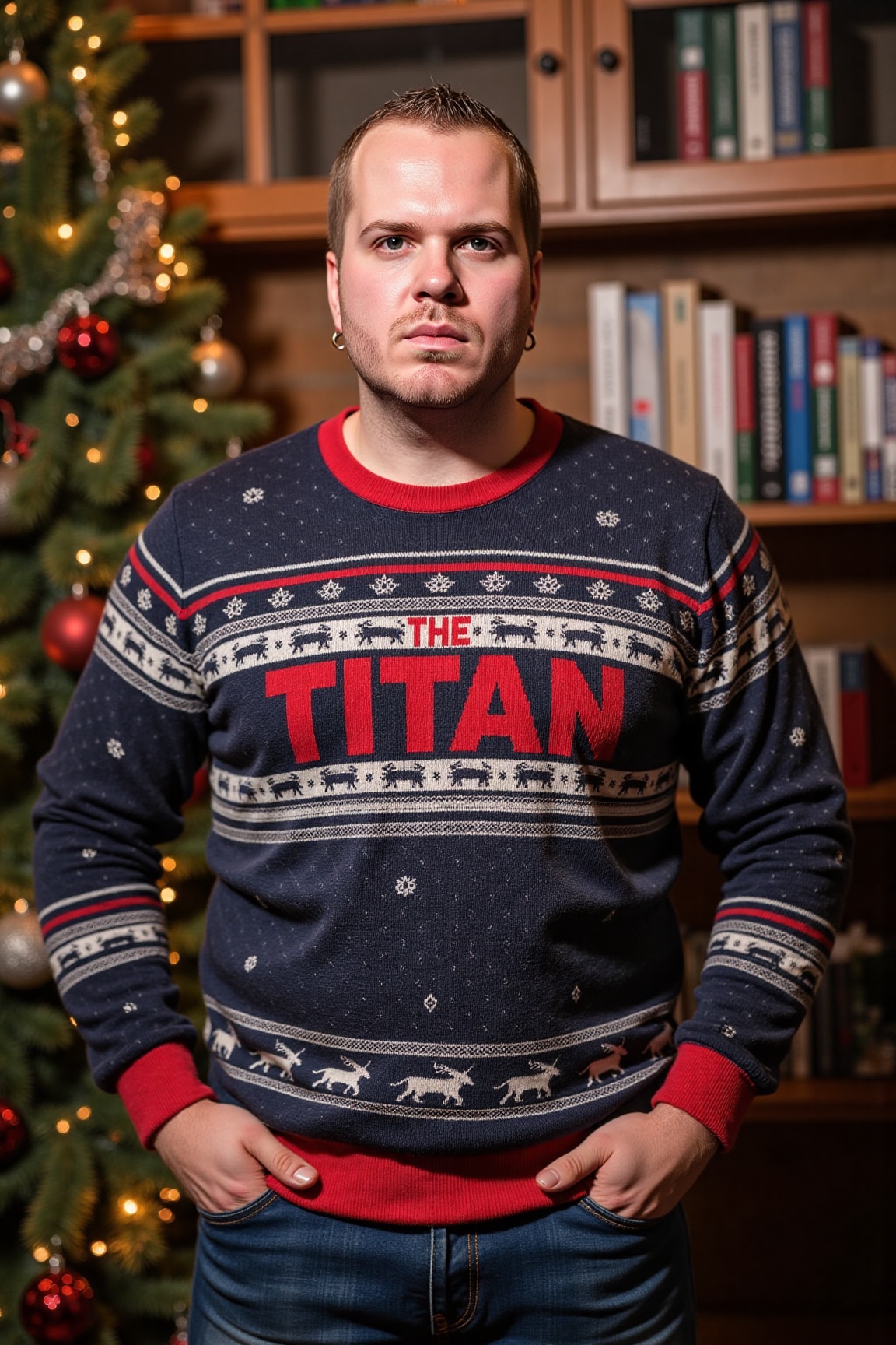 The image is a high-resolution photograph of DvanD,  wearing a Christmas themed sweater with the words "THE TITAN" knitted...