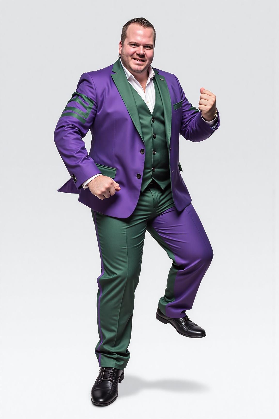 A high-resolution photograph of a man wearing a vibrant purple and green suit with a white dress shirt,  standing in a dyn...