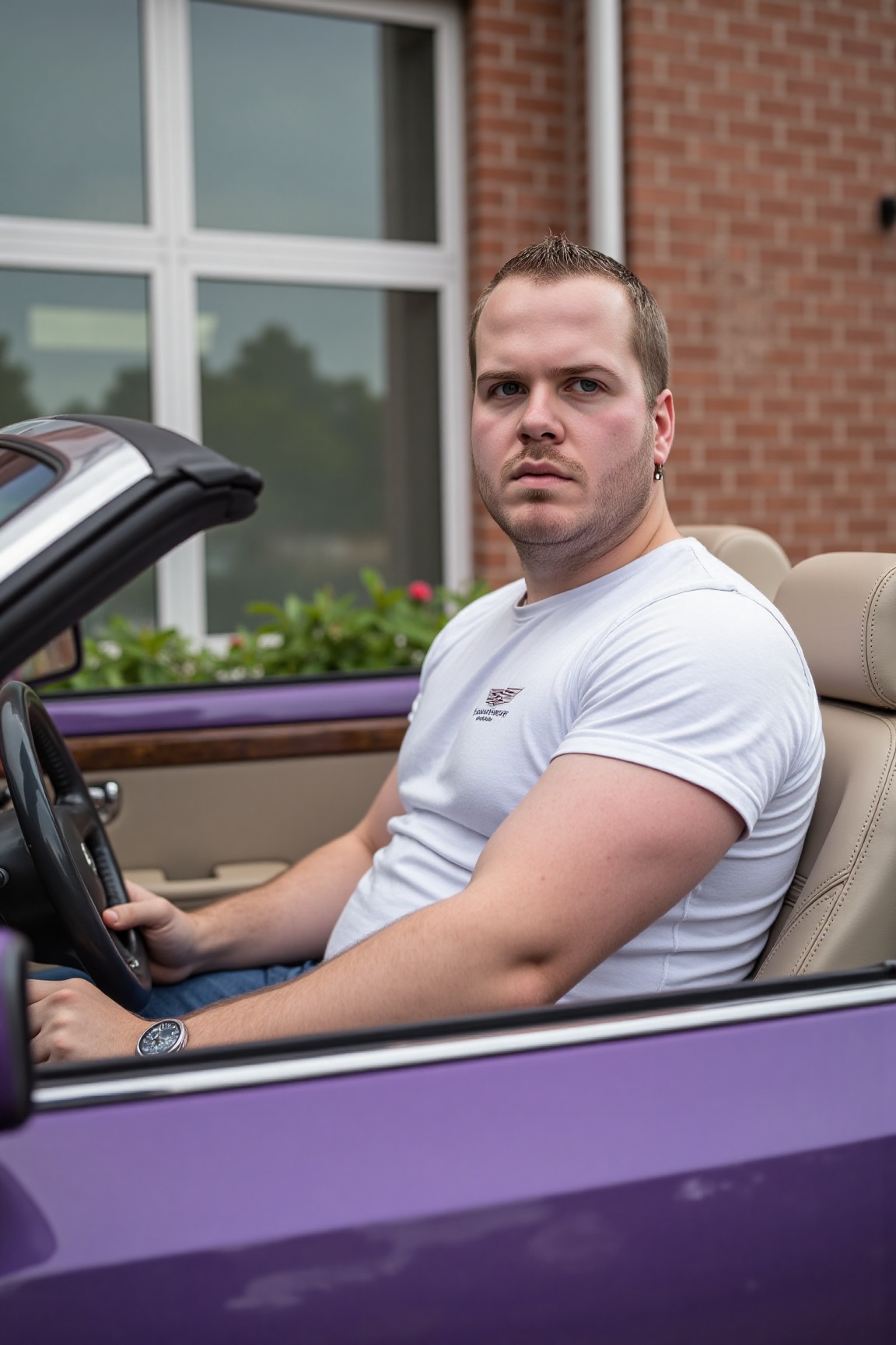 A high-resolution photograph of a man sitting in a purple drop-top cadillac,  wearing a white t-shirt,  looking over his s...