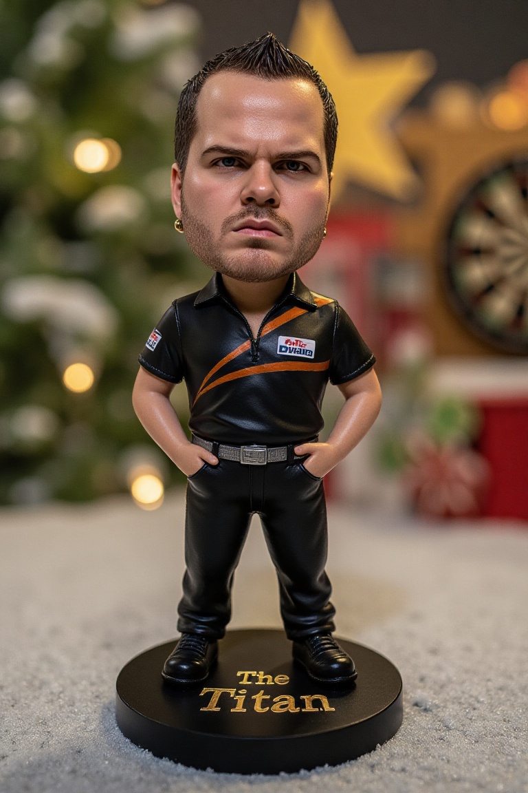 This is a high-resolution photograph of a detailed,  miniature bobblehead action figure of DvanD,  standing on a round on...