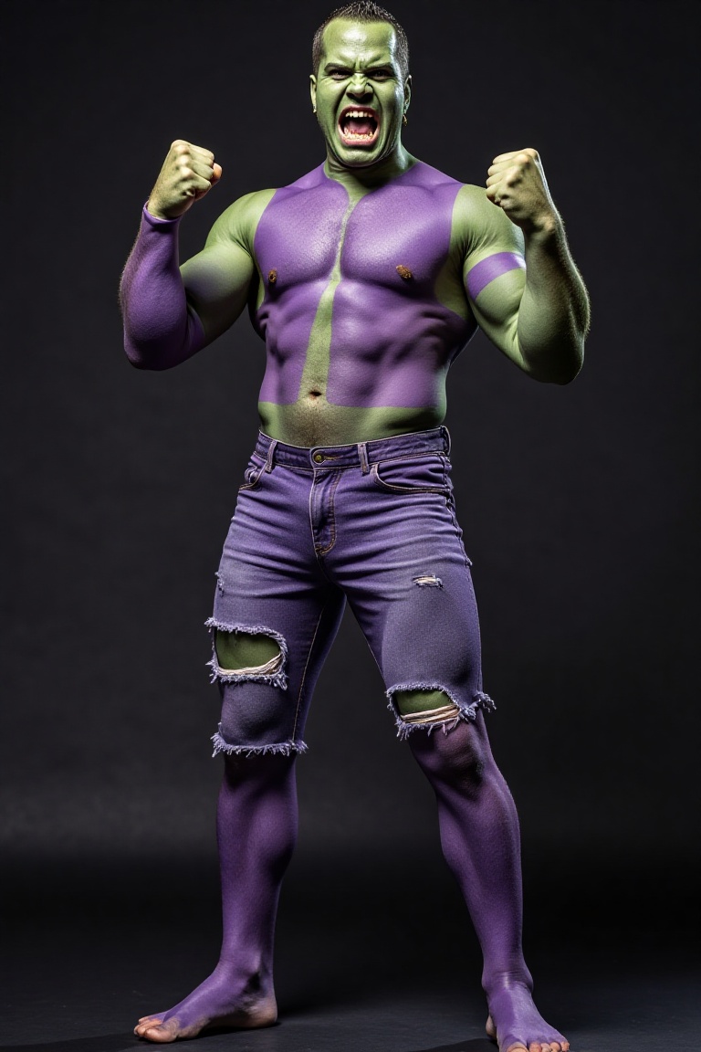 A high-resolution photograph of a man wearing purple body paint and ripped purple jean-shorts,  he is standing in a muscle...