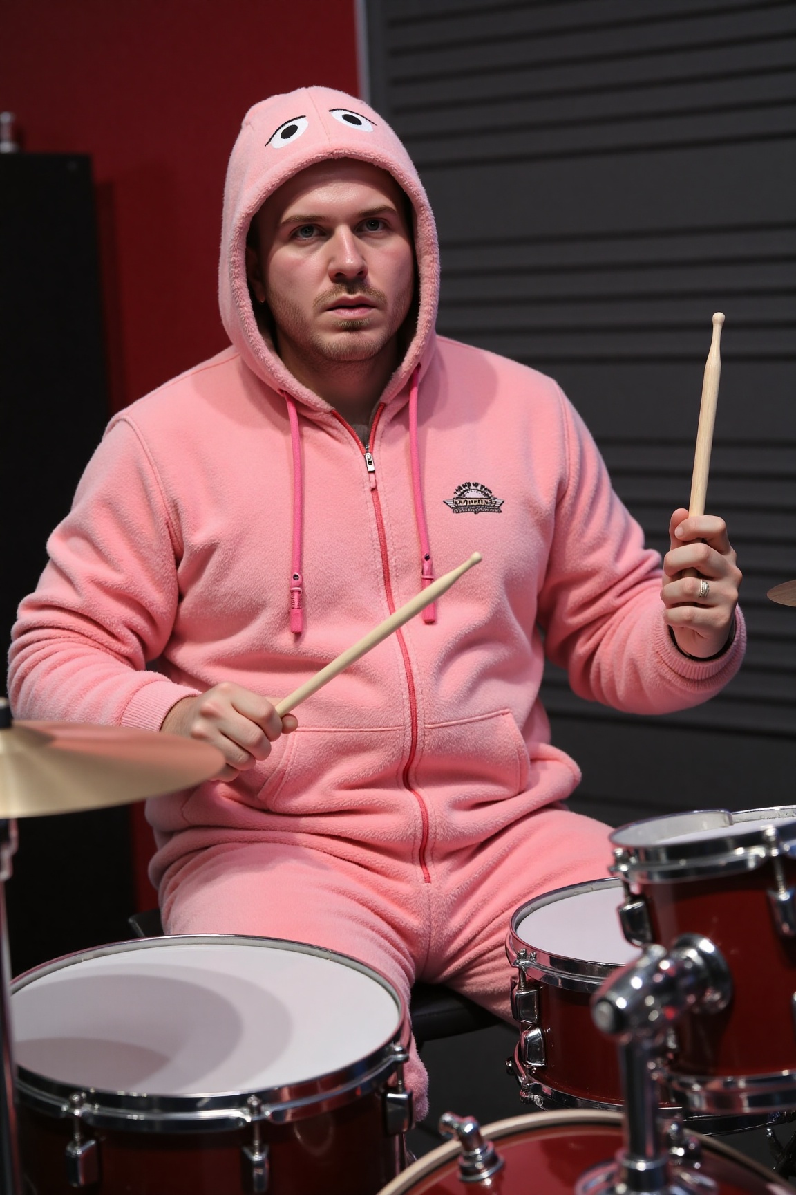 A high-resolution photograph of a man sitting behind a drumkit,  holding drumsticks in his hands,  wearing a pink onesie o...