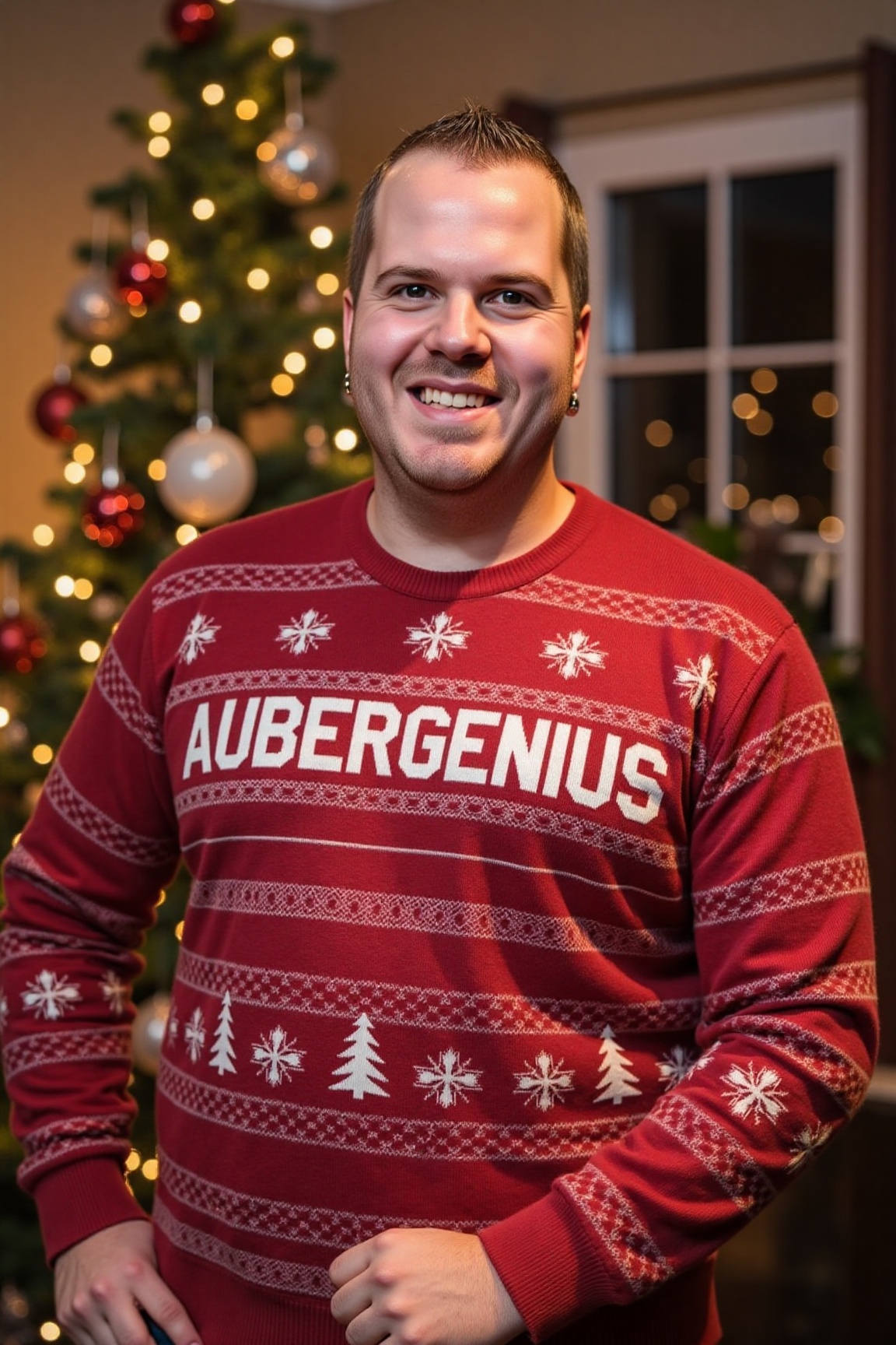 The image is a high-resolution photograph of DvanD smiling,  wearing a Christmas themed sweater with the words "AUBERGENIU...