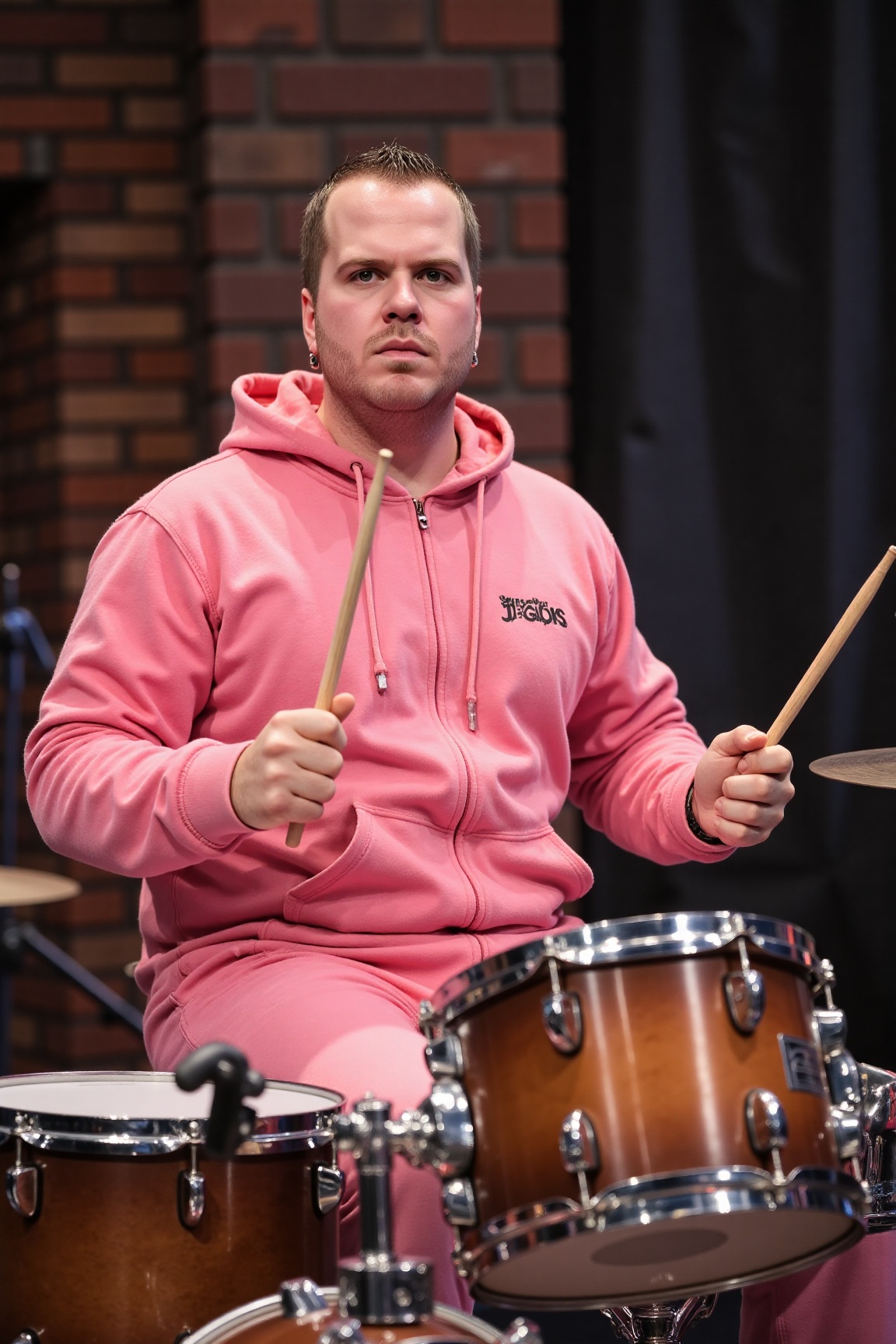 A high-resolution photograph of a man sitting behind a drumkit,  holding drumsticks in his hands,  wearing a pink onesie o...
