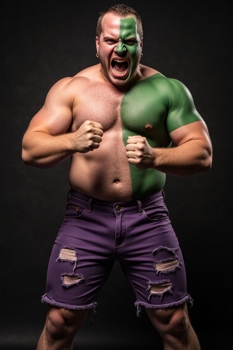 A high-resolution photograph of a man earing green body paint and ripped purple jean shorts,  he is standing in a muscle f...