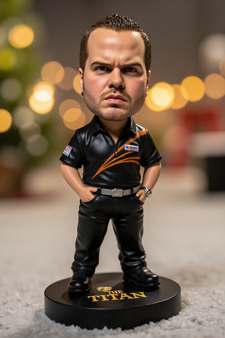 This is a high-resolution photograph of a detailed,  miniature bobblehead action figure of DvanD,  standing on a round on...