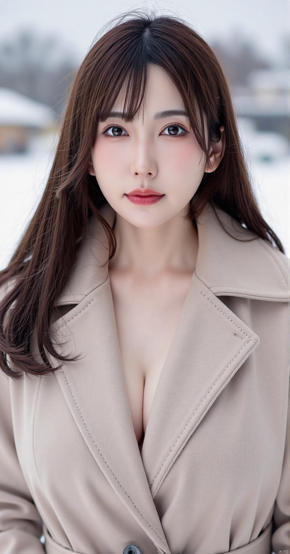 Realistic photo ( 1 lovely Korean star ) Shoulder-length hair, Light makeup, Medium breast size , Wearing a coat, In the snow, Clear facial features , 8k high resolution , Sharp, lifelike details.From the outside, Head-up lens, f/4.0, 135 mm, Fujifilm, jpeg artifacts, Indecision, Ultra HD, masterpiece