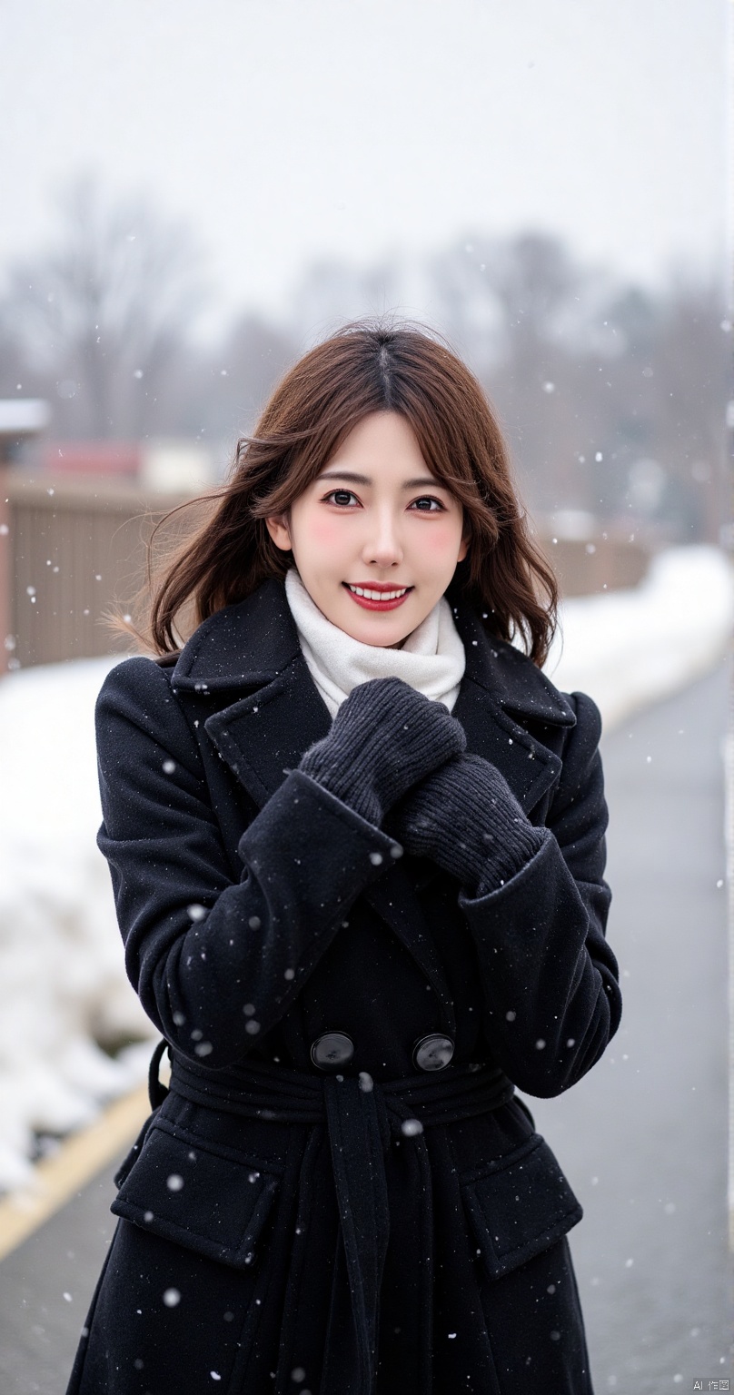 Film Photography,Snowy Hokkaido scene,high nose,flowing hair,flying snow,black coat,upper body,red lips,snow falling on shoulders,drifting snow,Hazy Texture,blur,laughing,full_shot,short hair,dynamic,