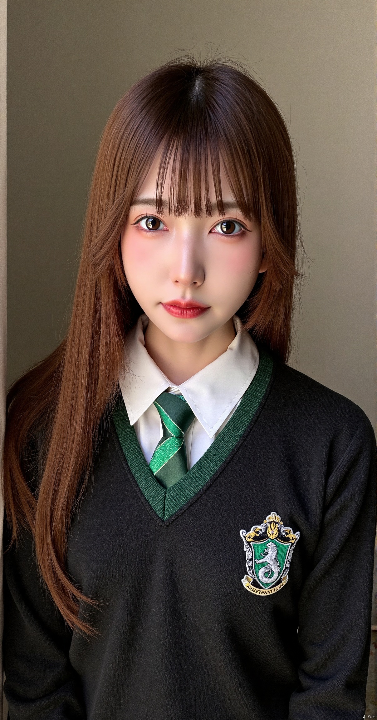  A realistic image of a 16-year-old English girl with pale skin, She has straight light brown hair, green eyes, full lips,  a straight nose with a slight hump .  She is wearing the Skytherin uniform from Harry Potter 