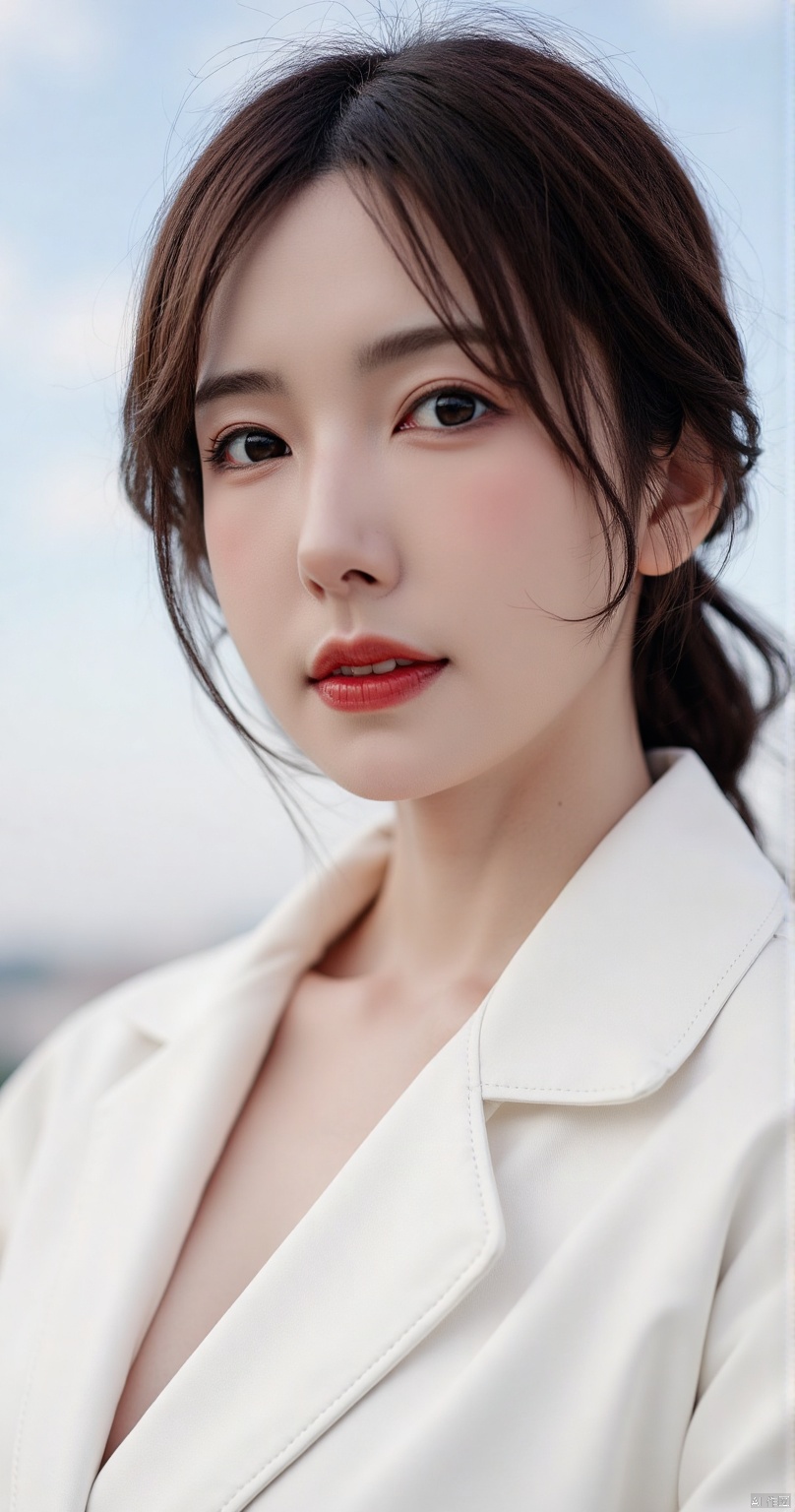 A close-up of a woman,  sky background,  wearing a white jacket by 岳说 on Tensor.Art