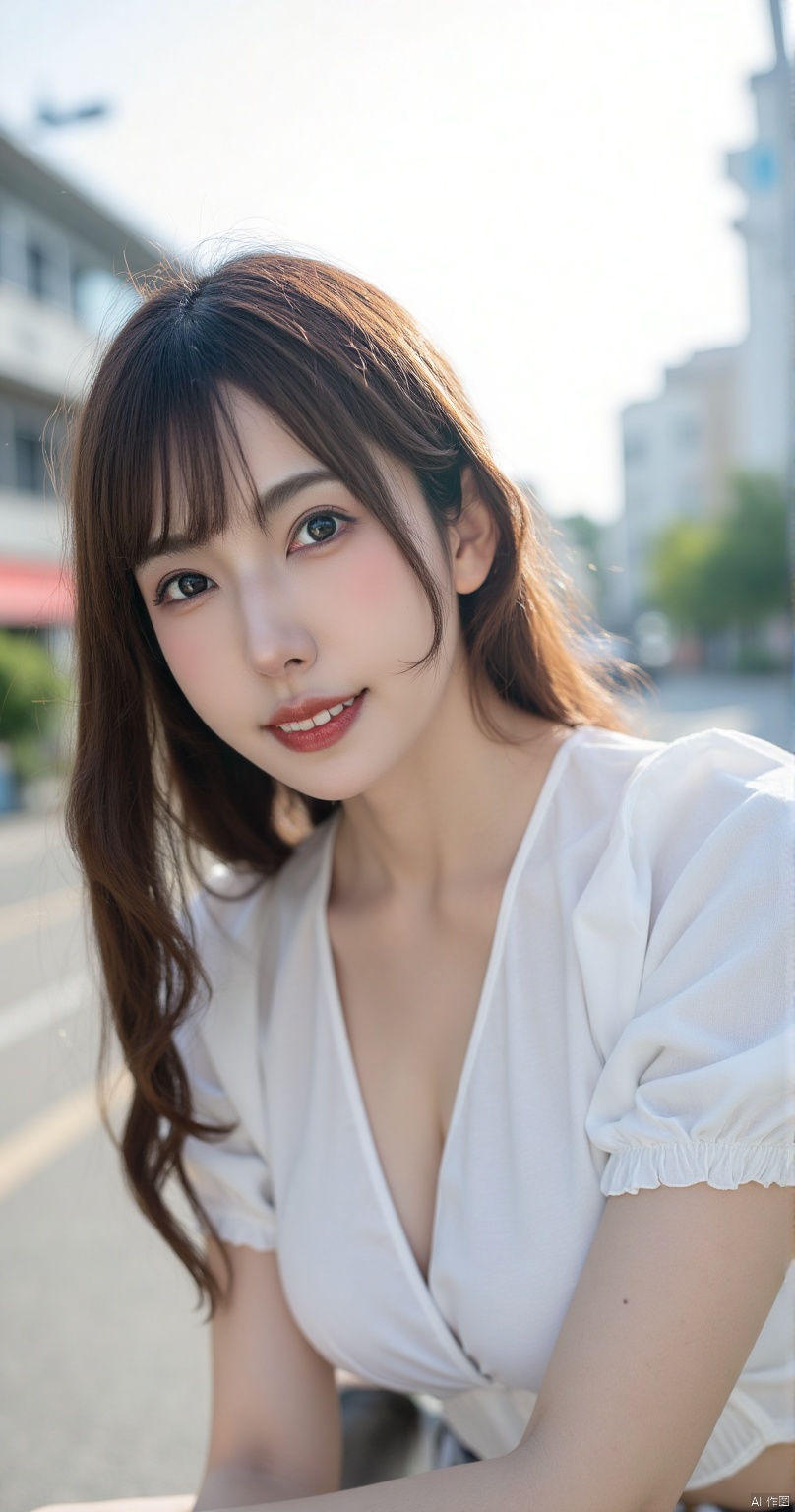 this is a clear photographic photo,soft_light_style,clear picture,movie_post,soft_style,clear picture of a young japanese woman,IMG_2222.HEIC,with water droplets filling the sky,street,sunlight,happy,crop top,