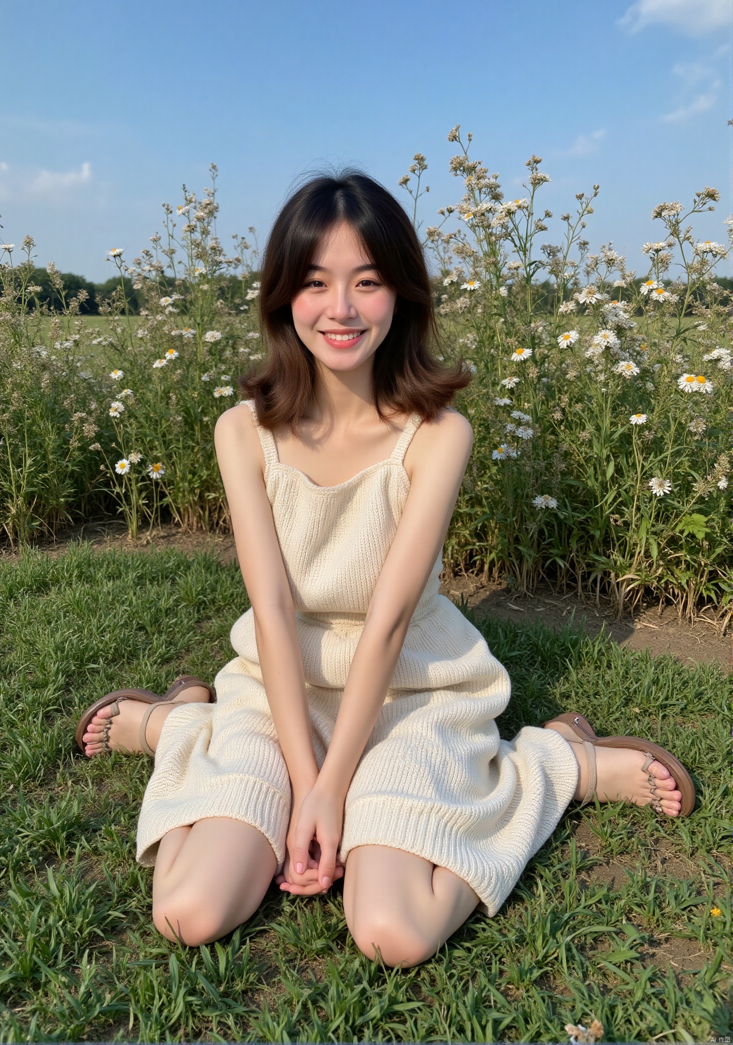 A young Asian woman sits on the grass in a W-sitting position, her hands naturally resting on her legs, wearing a gentle smile. She is dressed in an off-white knitted dress with the hem slightly spread out, paired with delicate strap sandals, exuding a fresh countryside vibe. Her hair is naturally draped over her shoulders, with slightly curled ends and a warm brown dye, adding to her soft and elegant appearance.Taken from a slightly top-down perspective, the camera is angled slightly downward to capture her gentle expression and the flowing dress hem, while including the blue sky and wildflowers in the background, making the scene look natural and harmonious.,W-sitting pose,baby