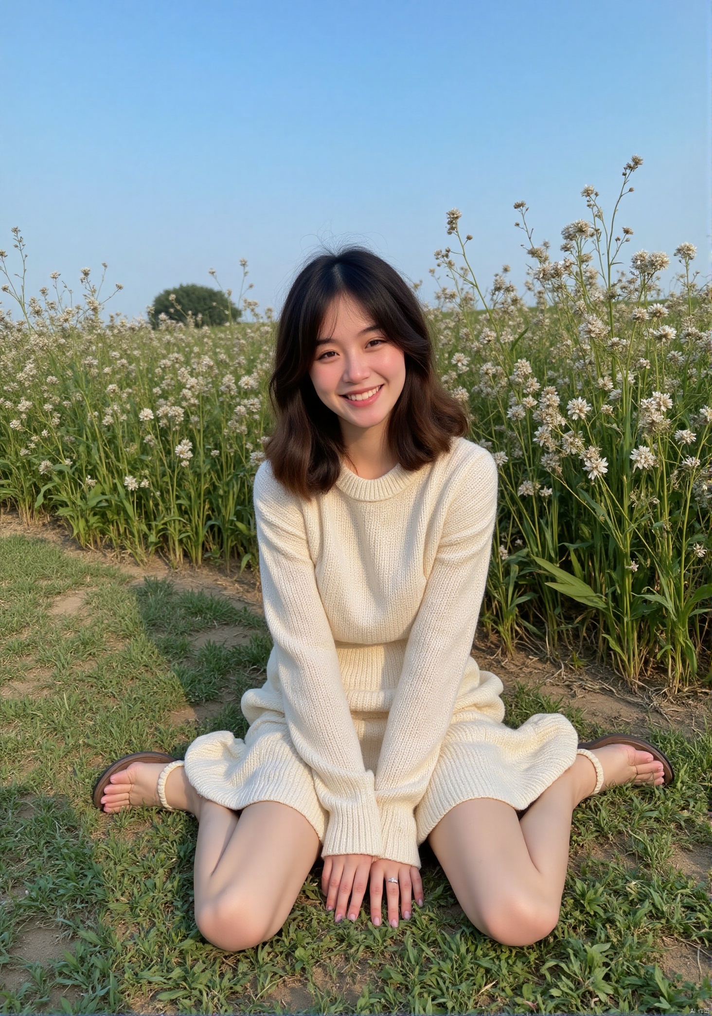 A young Asian woman sits on the grass in a W-sitting position, her hands naturally resting on her legs, wearing a gentle smile. She is dressed in an off-white knitted dress with the hem slightly spread out, paired with delicate strap sandals, exuding a fresh countryside vibe. Her hair is naturally draped over her shoulders, with slightly curled ends and a warm brown dye, adding to her soft and elegant appearance.Taken from a slightly top-down perspective, the camera is angled slightly downward to capture her gentle expression and the flowing dress hem, while including the blue sky and wildflowers in the background, making the scene look natural and harmonious.,W-sitting pose,baby