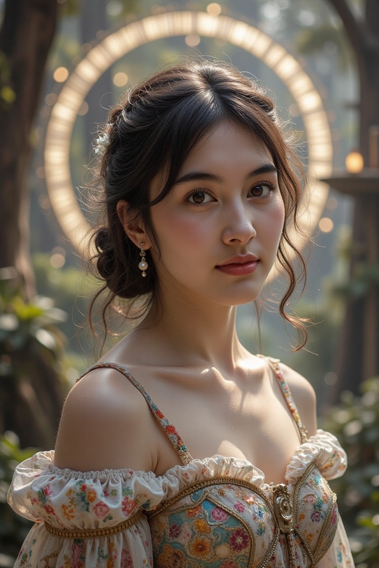 A stunning,  otherworldly being with a pearl earring,  gazing directly at the viewer with an enigmatic smile. Surrounded b...