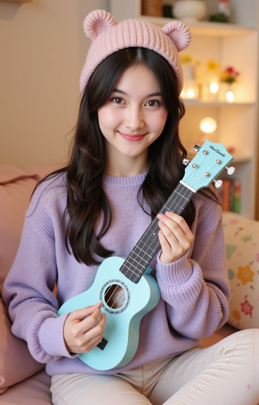 "Create an image of a cheerful girl around 20 years old,  with soft,  slightly rosy cheeks on Tensor.Art