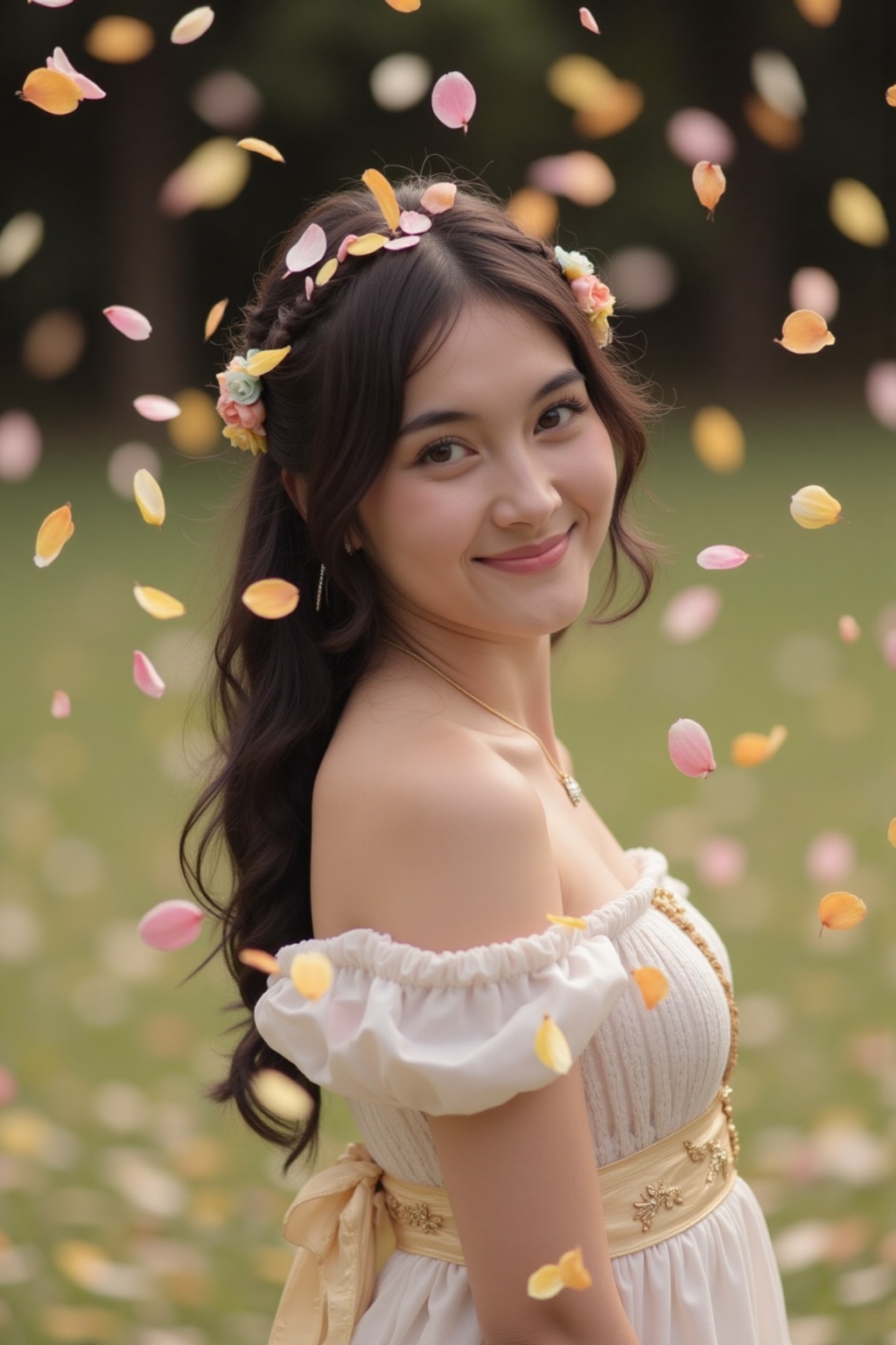 Scene description: Venus in Roman mythology stands on a grassy field covered with petals,  and colorful petals fall from t...