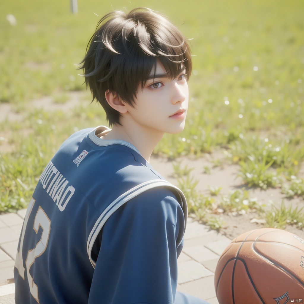 Boy wearing basketball uniform sitting on the ground, leaning back, very handsome, with basketball next to him, grass, sunshine, photo style, film style, dynamic perspective,Linqiye