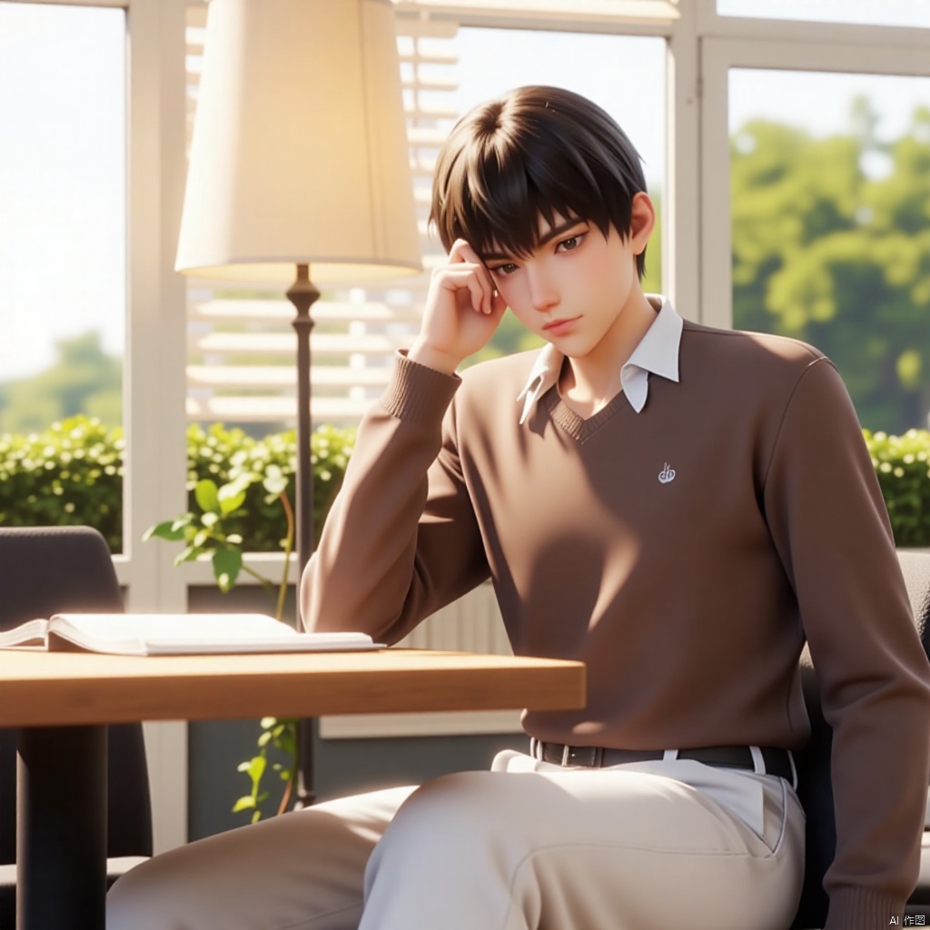 solo, looking at viewer, short hair, brown hair, shirt, black hair, long sleeves, 1boy, sitting, closed mouth, male focus, day, collared shirt, belt, pants, indoors, hand up, blurry, book, window, chair, table, sunlight, crossed legs, plant, hand on own face, open book, white pants, reading, lamp, brown shirt, blinds,sports boy