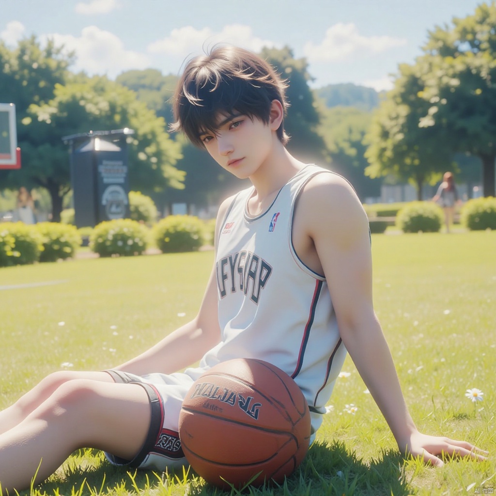 Boy wearing basketball uniform sitting on the ground, leaning back, very handsome, with basketball next to him, grass, sunshine, photo style, film style, dynamic perspective,Linqiye