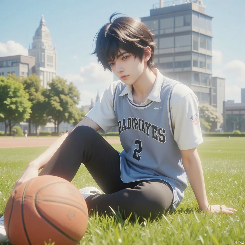 Boy wearing basketball uniform sitting on the ground, leaning back, very handsome, with basketball next to him, grass, sunshine, photo style, film style, dynamic perspective,Linqiye