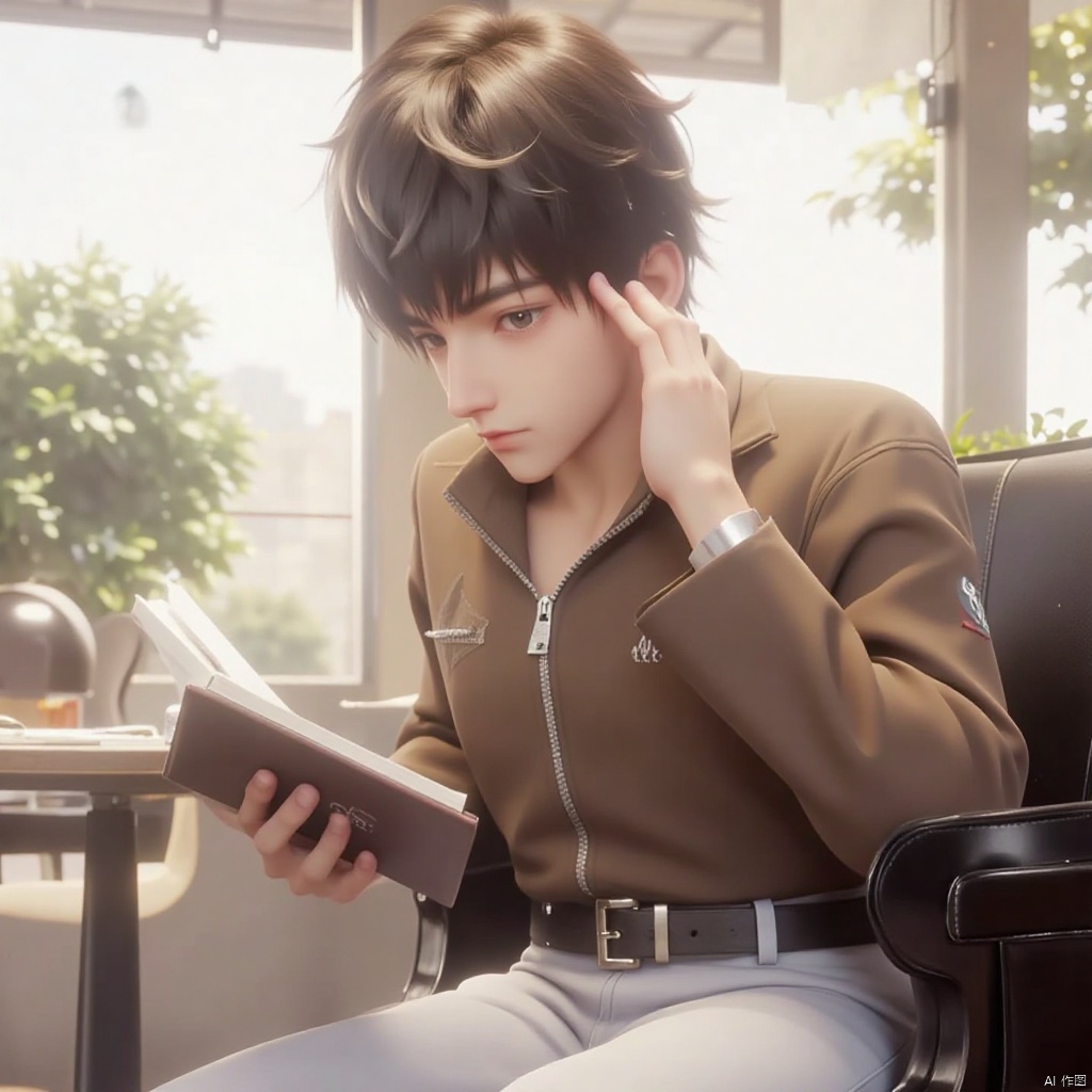 solo, looking at viewer, short hair, brown hair, shirt, black hair, long sleeves, 1boy, sitting, closed mouth, male focus, day, collared shirt, belt, pants, indoors, hand up, blurry, book, window, chair, table, sunlight, crossed legs, plant, hand on own face, open book, white pants, reading, lamp, brown shirt, blinds