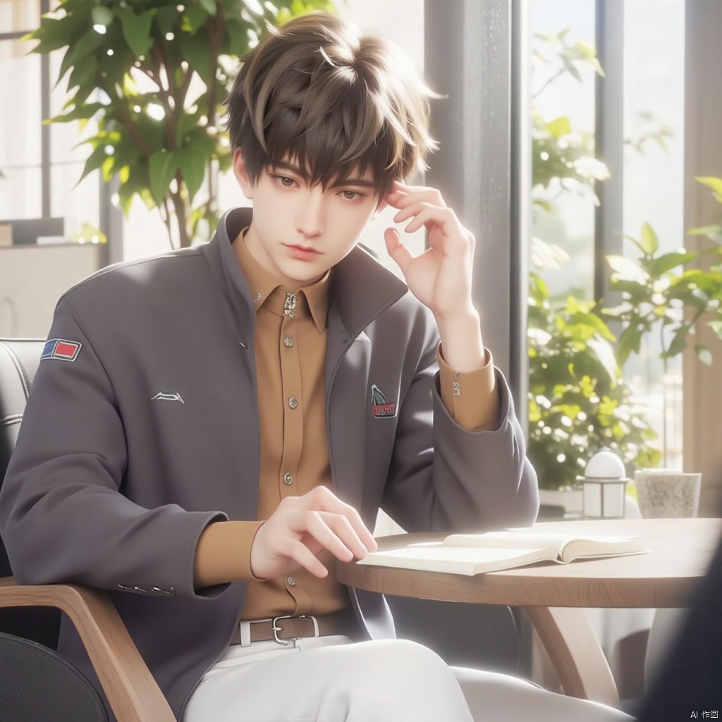 solo, looking at viewer, short hair, brown hair, shirt, black hair, long sleeves, 1boy, sitting, closed mouth, male focus, day, collared shirt, belt, pants, indoors, hand up, blurry, book, window, chair, table, sunlight, crossed legs, plant, hand on own face, open book, white pants, reading, lamp, brown shirt, blinds