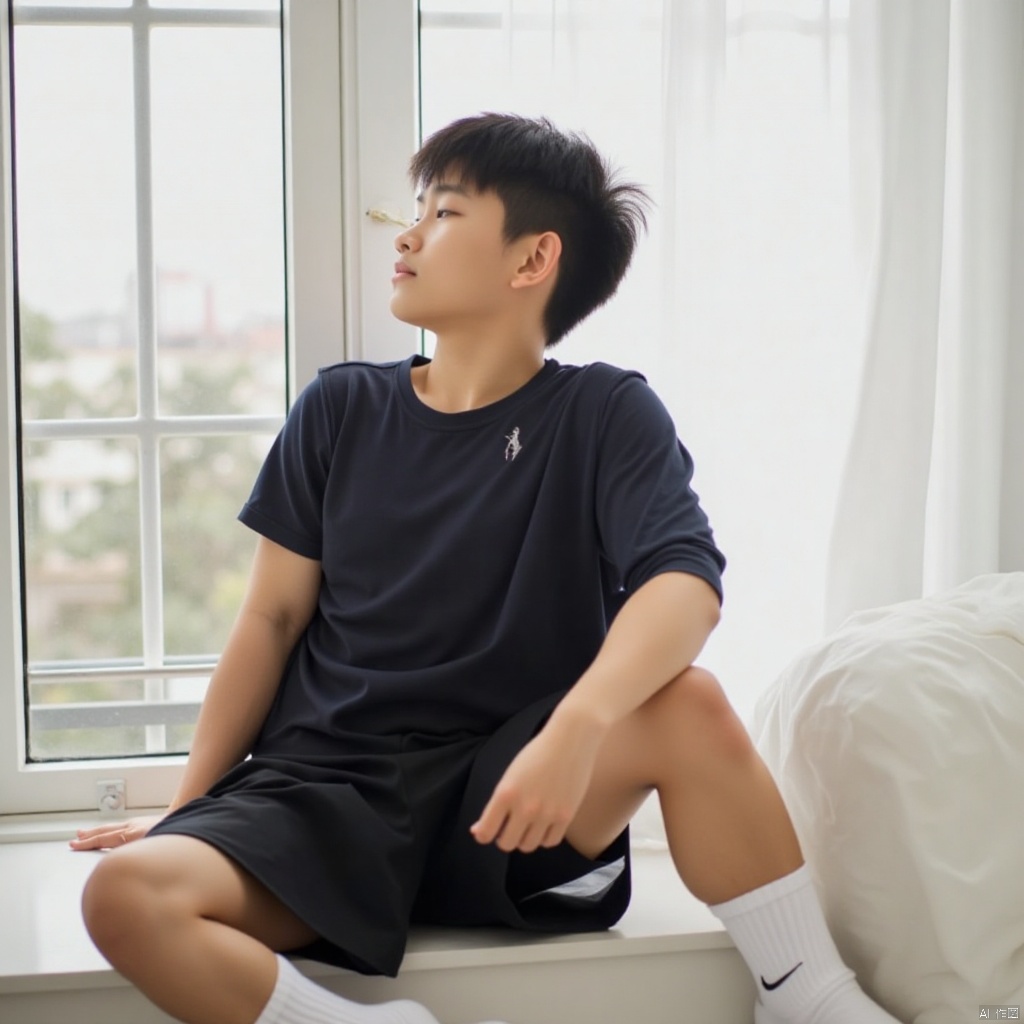A serene and intimate shot: a young boy, hair as dark as night, sits still in a bright room. His closed eyes, a gentle curve to his face, exude peaceful contemplation. He wears simple attire - black shorts, white socks, and a deep-toned shirt that complements his dark locks. A window frames the scene, subtle watermark effect adding depth.