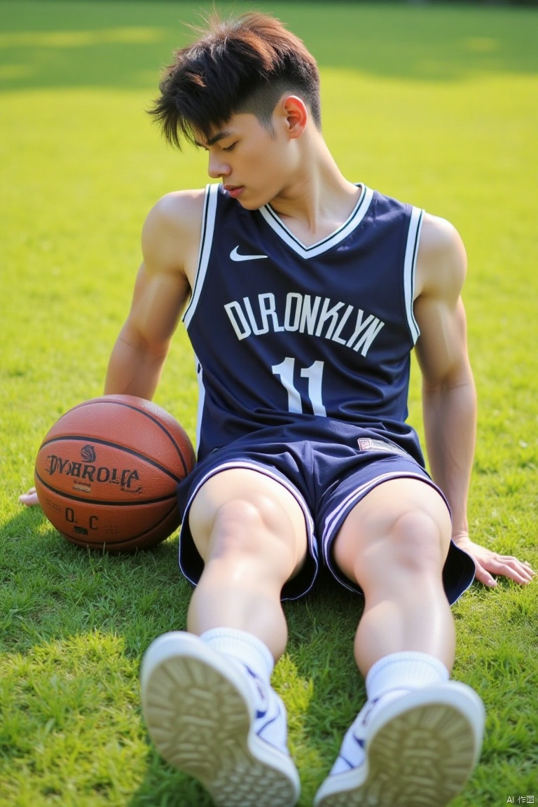 Boy wearing basketball uniform sitting on the ground, leaning back, very handsome, with basketball next to him, grass, sunshine, photo style, film style, dynamic perspective