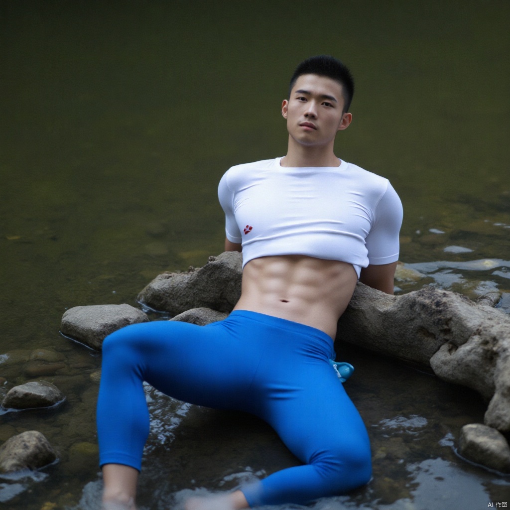 A handsome young man is lying on the water of the stream. He is wearing blue sweatpants and a white T-shirt. He lifts up his T-shirt to show off his toned abs.,sports boy