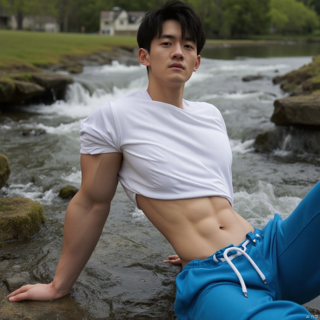 A handsome young man is lying on the water of the stream. He is wearing blue sweatpants and a white T-shirt. He lifts up his T-shirt to show off his toned abs.,sports boy