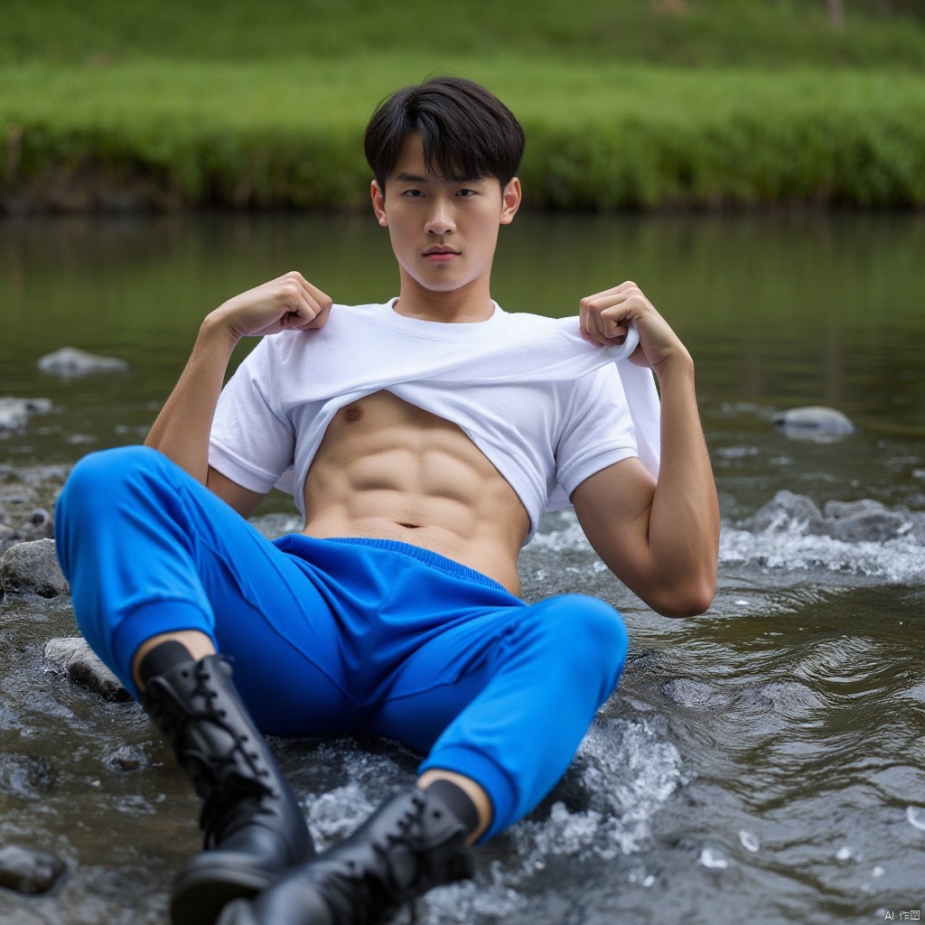 A handsome young man is lying on the water of the stream. He is wearing blue sweatpants and a white T-shirt. He lifts up his T-shirt to show off his toned abs.,sports boy