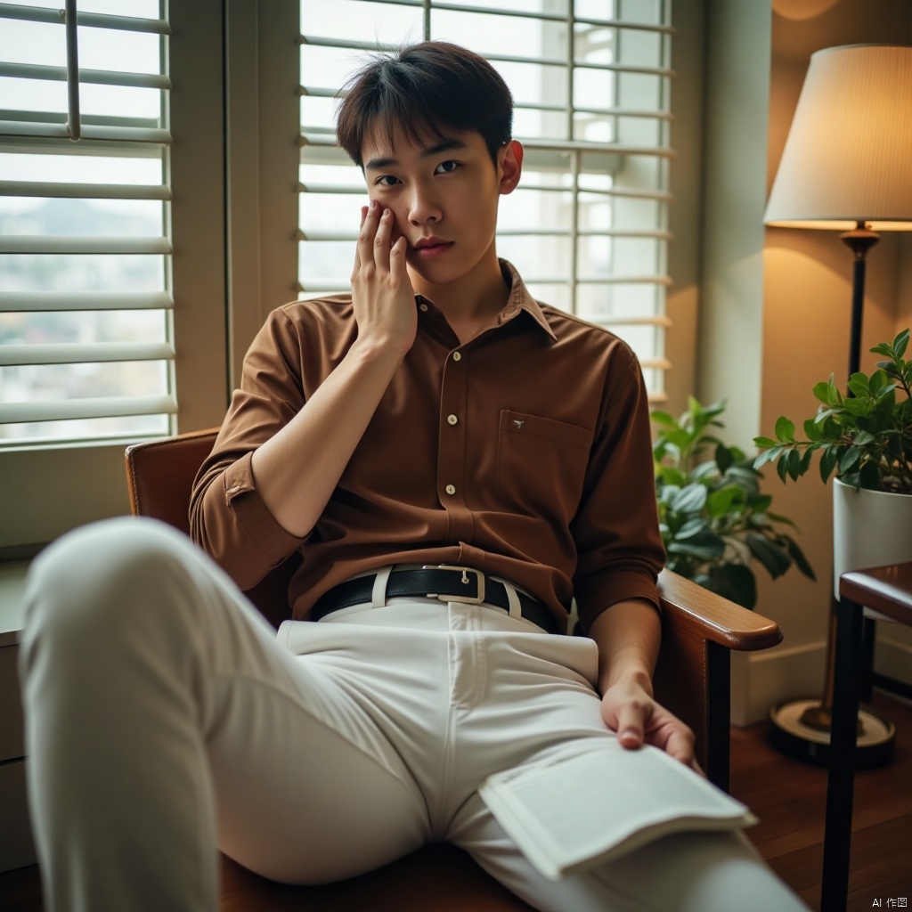 solo, looking at viewer, short hair, brown hair, shirt, black hair, long sleeves, 1boy, sitting, closed mouth, male focus, day, collared shirt, belt, pants, indoors, hand up, blurry, book, window, chair, table, sunlight, crossed legs, plant, hand on own face, open book, white pants, reading, lamp, brown shirt, blinds