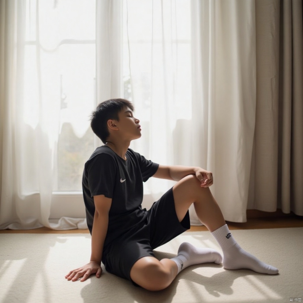 A serene and intimate shot: a young boy, hair as dark as night, sits still in a bright room. His closed eyes, a gentle curve to his face, exude peaceful contemplation. He wears simple attire - black shorts, white socks, and a deep-toned shirt that complements his dark locks. A window frames the scene, subtle watermark effect adding depth.