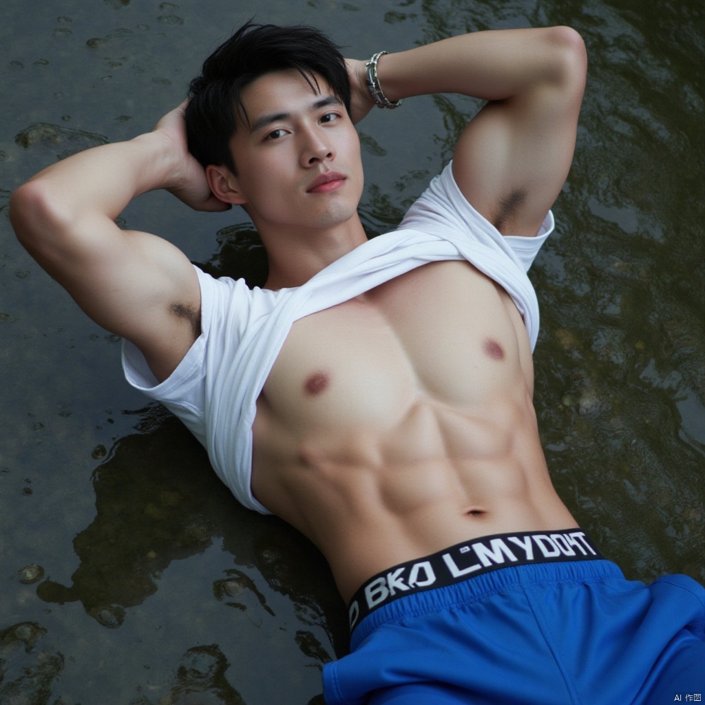 A handsome young man is lying on the water of the stream. He is wearing blue sweatpants and a white T-shirt. He lifts up his T-shirt to show off his toned abs.,sports boy