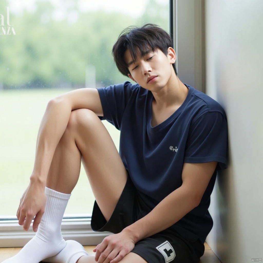 A serene and intimate shot: a young boy, hair as dark as night, sits still in a bright room. His closed eyes, a gentle curve to his face, exude peaceful contemplation. He wears simple attire - black shorts, white socks, and a deep-toned shirt that complements his dark locks. A window frames the scene, subtle watermark effect adding depth.,sports boy