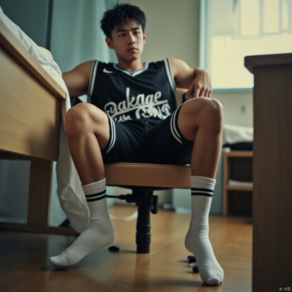 Close-up shot of a young man sitting in a chair, one leg draped over the desk, wearing white athletic socks and a black basketball jersey, set against the backdrop of a student dormitory room. The 35mm film captures a shallow depth of field with creamy bokeh, rendering a professional-grade image with exquisite detail, as if shot on 4K camera. Soft focus highlights the subject's textured skin and fabrics, while the subtle motion blur suggests a moment frozen in time.,sports boy