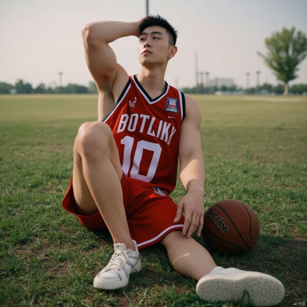 Boy wearing basketball uniform sitting on the ground, leaning back, very handsome, with basketball next to him, grass, sunshine, photo style, film style, dynamic perspective,sports boy