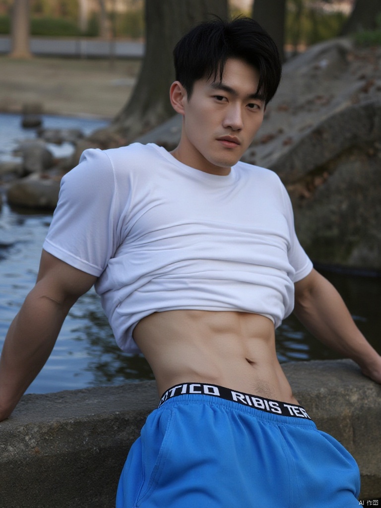 A handsome young man is lying on the water of the stream. He is wearing blue sweatpants and a white T-shirt. He lifts up his T-shirt to show off his toned abs.,sports boy