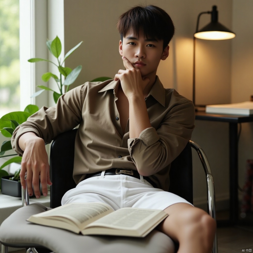 solo, looking at viewer, short hair, brown hair, shirt, black hair, long sleeves, 1boy, sitting, closed mouth, male focus, day, collared shirt, belt, pants, indoors, hand up, blurry, book, window, chair, table, sunlight, crossed legs, plant, hand on own face, open book, white pants, reading, lamp, brown shirt, blinds