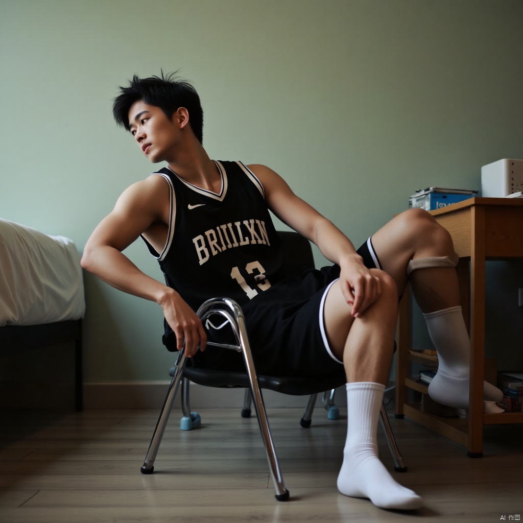 Close-up shot of a young man sitting in a chair, one leg draped over the desk, wearing white athletic socks and a black basketball jersey, set against the backdrop of a student dormitory room. The 35mm film captures a shallow depth of field with creamy bokeh, rendering a professional-grade image with exquisite detail, as if shot on 4K camera. Soft focus highlights the subject's textured skin and fabrics, while the subtle motion blur suggests a moment frozen in time.,sports boy