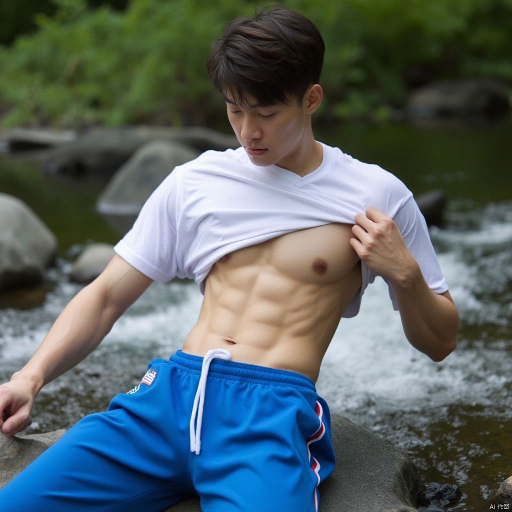 A handsome young man is lying on the water of the stream. He is wearing blue sweatpants and a white T-shirt. He lifts up his T-shirt to show off his toned abs.,sports boy
