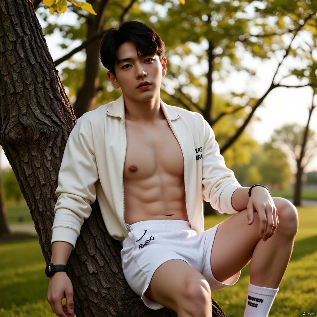 A young man with a handsome and dashing appearance sits atop a tree,  his white windbreaker partially unbuttoned,  reveali...