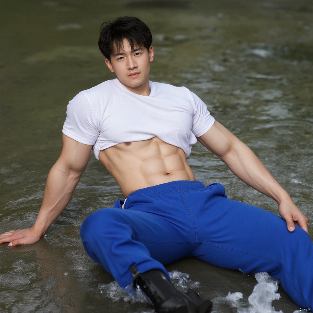 A handsome young man is lying on the water of the stream. He is wearing blue sweatpants and a white T-shirt. He lifts up his T-shirt to show off his toned abs.,sports boy