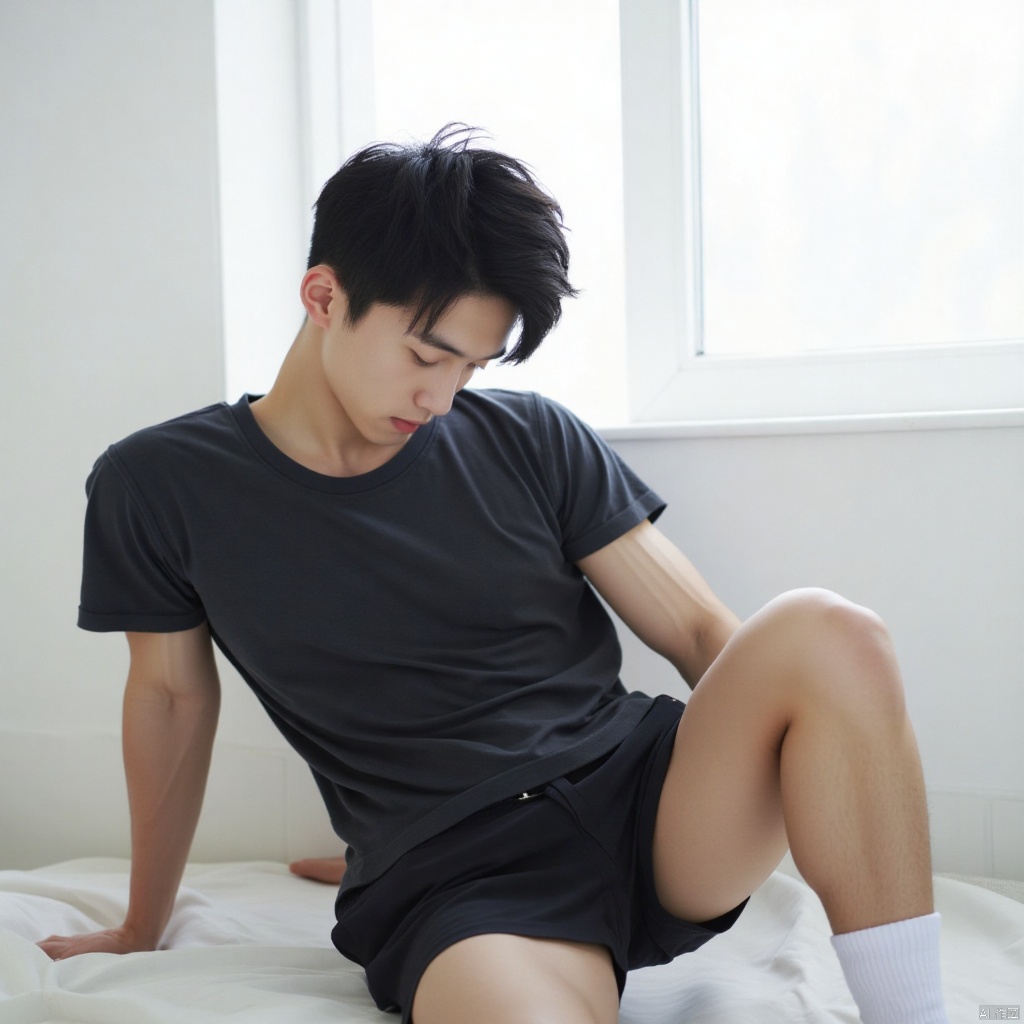 A serene and intimate shot: a young boy, hair as dark as night, sits still in a bright room. His closed eyes, a gentle curve to his face, exude peaceful contemplation. He wears simple attire - black shorts, white socks, and a deep-toned shirt that complements his dark locks. A window frames the scene, subtle watermark effect adding depth.,sports boy